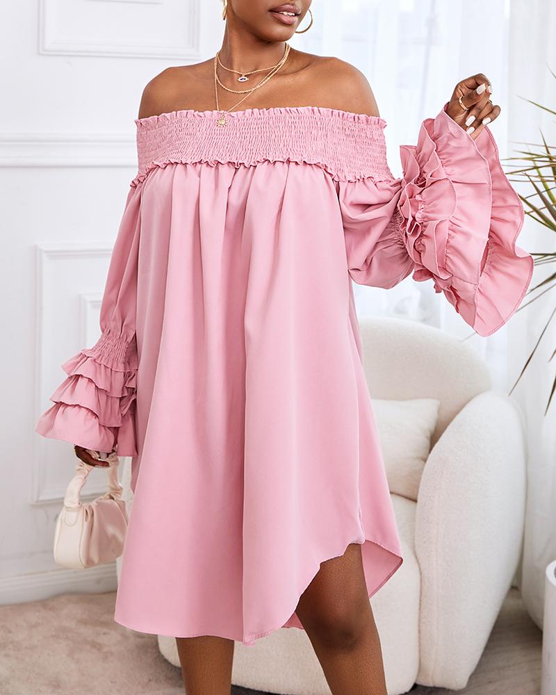 Shirred Off Shoulder Bell Sleeve Casual Dress