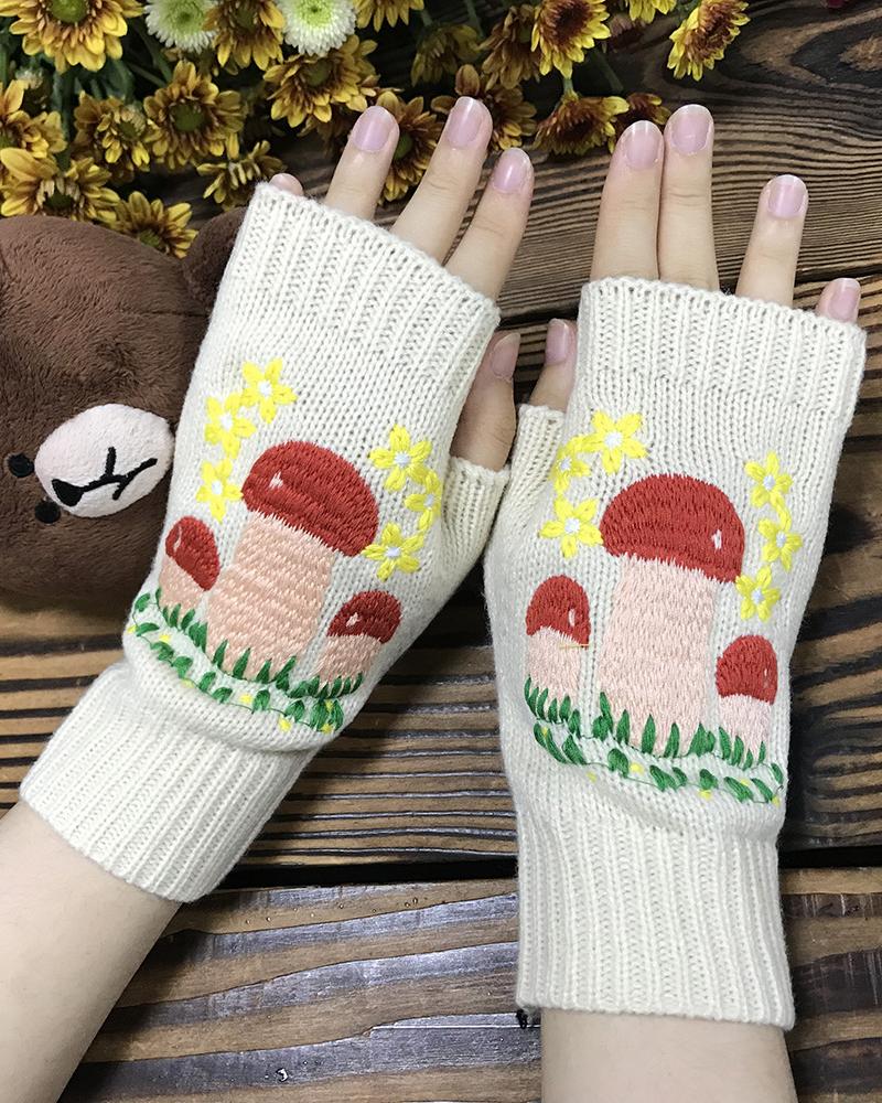 1Pair Mushroom Floral Embroidery Fingerless Knit Gloves