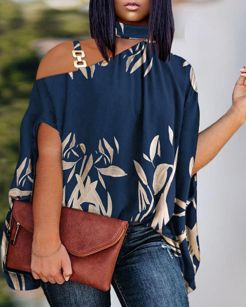 Plus Size Plants Print Chain Decor Cold Shoulder Top