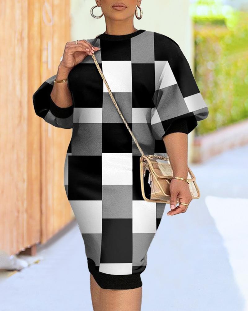 Casual Dresses  ChicMe Plus Size Geometric Print Colorblock Lantern Sleeve Casual Dress