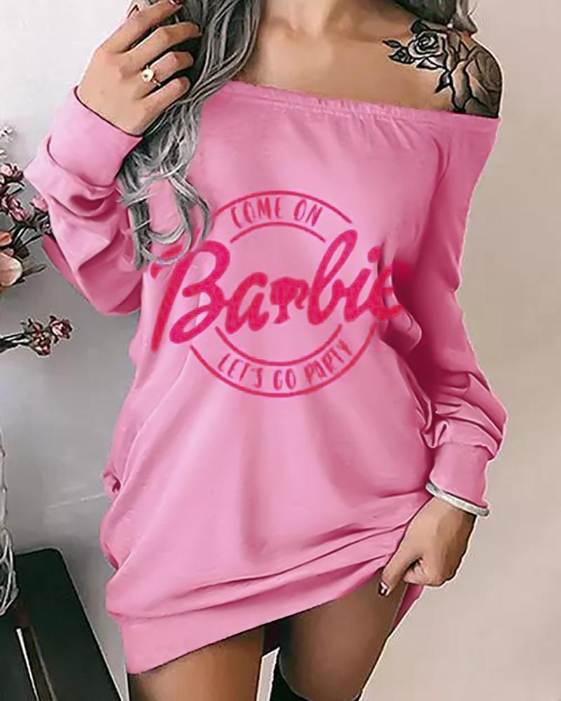 Mini Dresses  ChicMe Barbie Letter Print Off Shoulder Mini Dress