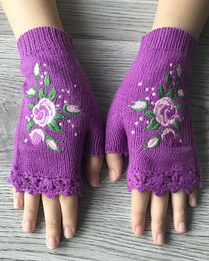 1Pair Floral Embroidery Hollow Out Fingerless Knit Gloves