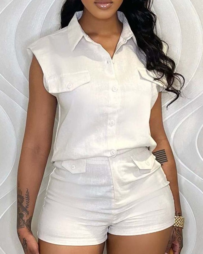 Pocket Design Top & Casual Shorts Set
