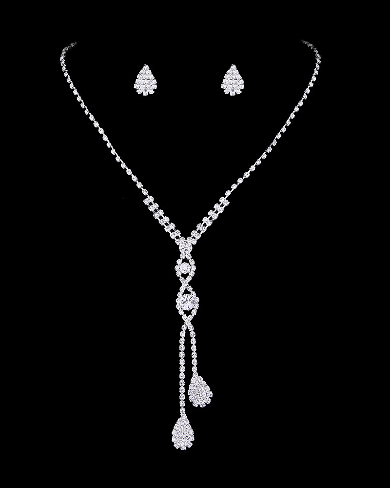 2pcs Rhinestone Teardrop Earrings & Tassel Pendant Necklace Wedding Bridal Jewelry Set