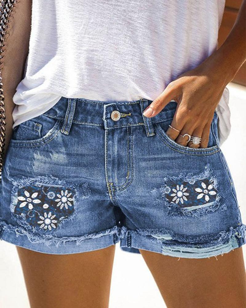 Floral Print Patchwork Ripped Denim Shorts