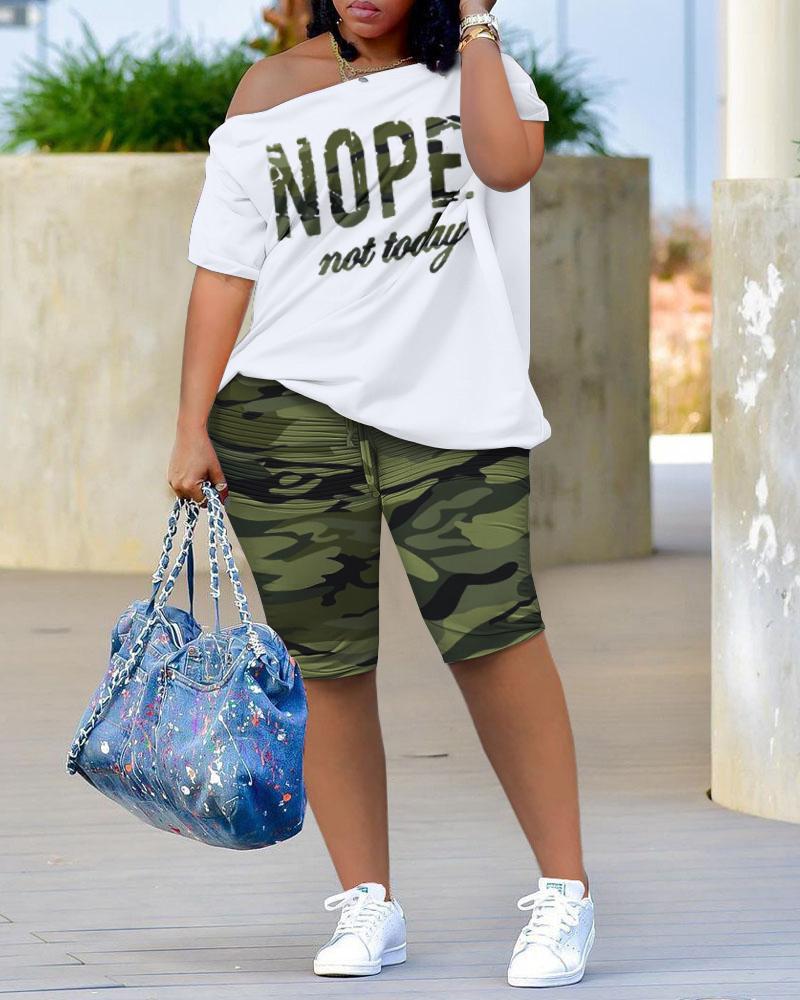 Nope Not Today Camouflage Print Skew Neck Top & Shorts Set