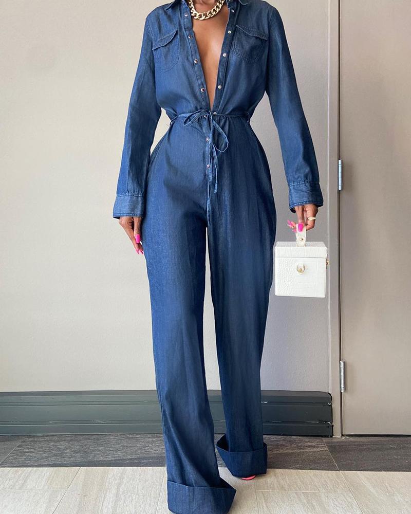 Long Sleeve Button Pocket Design Jumpsuit