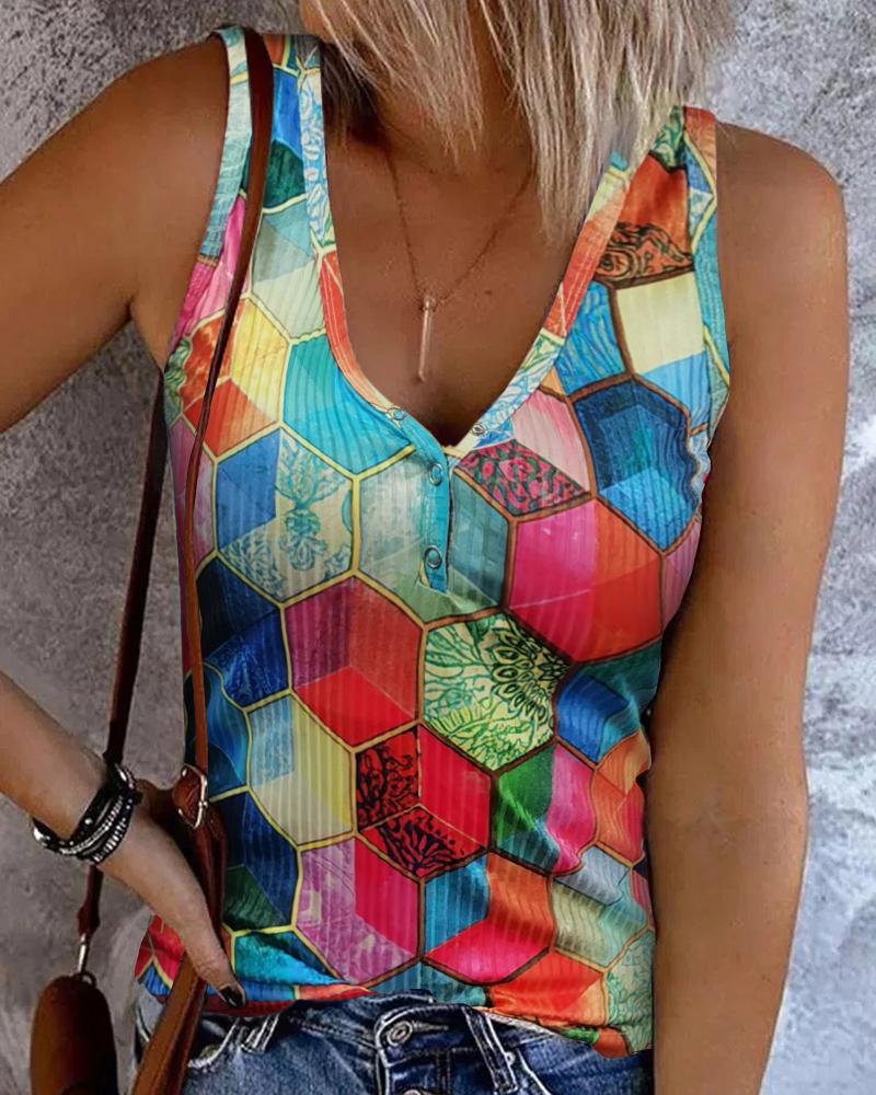 Geo Pattern Print V-Neck Tank Top