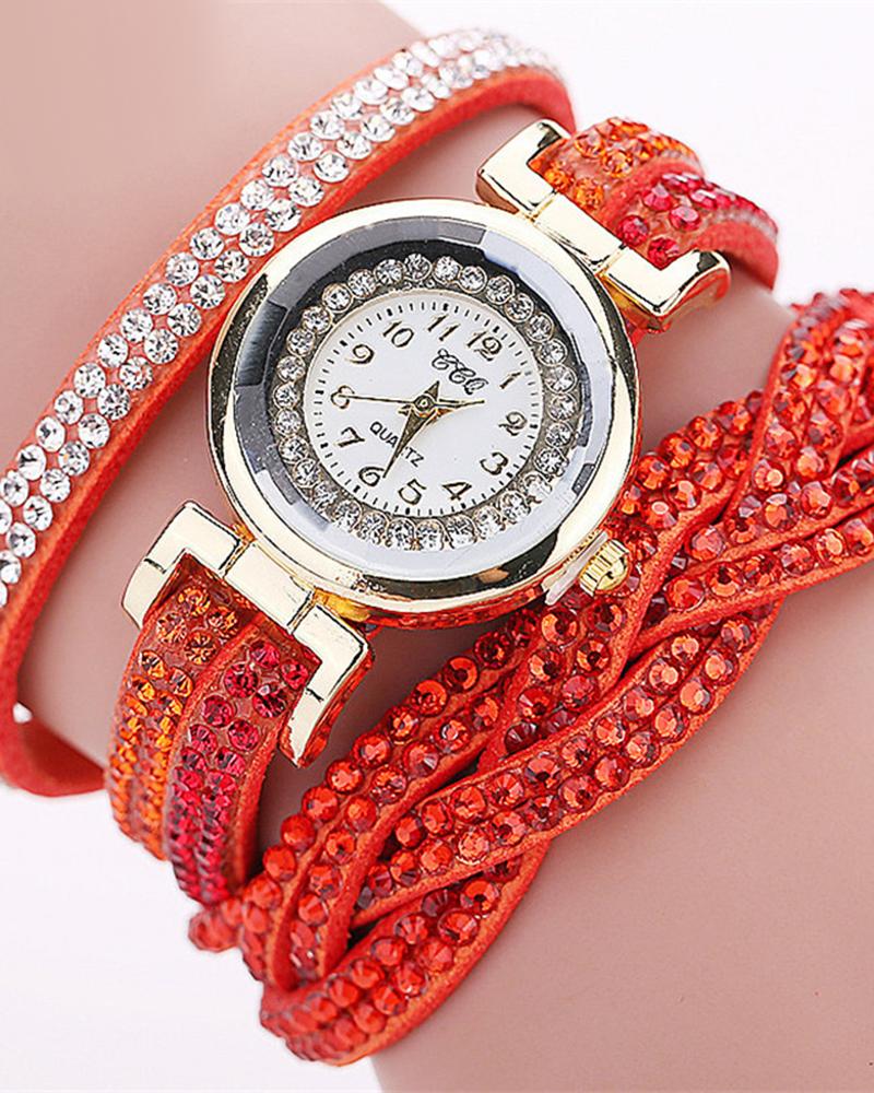 1pc Allover Rhinestone Braided Bangle Quartz Watch