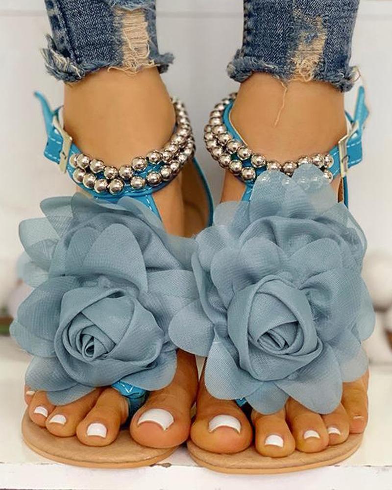 Mesh Floral Embellished Beaded Flat Sandals