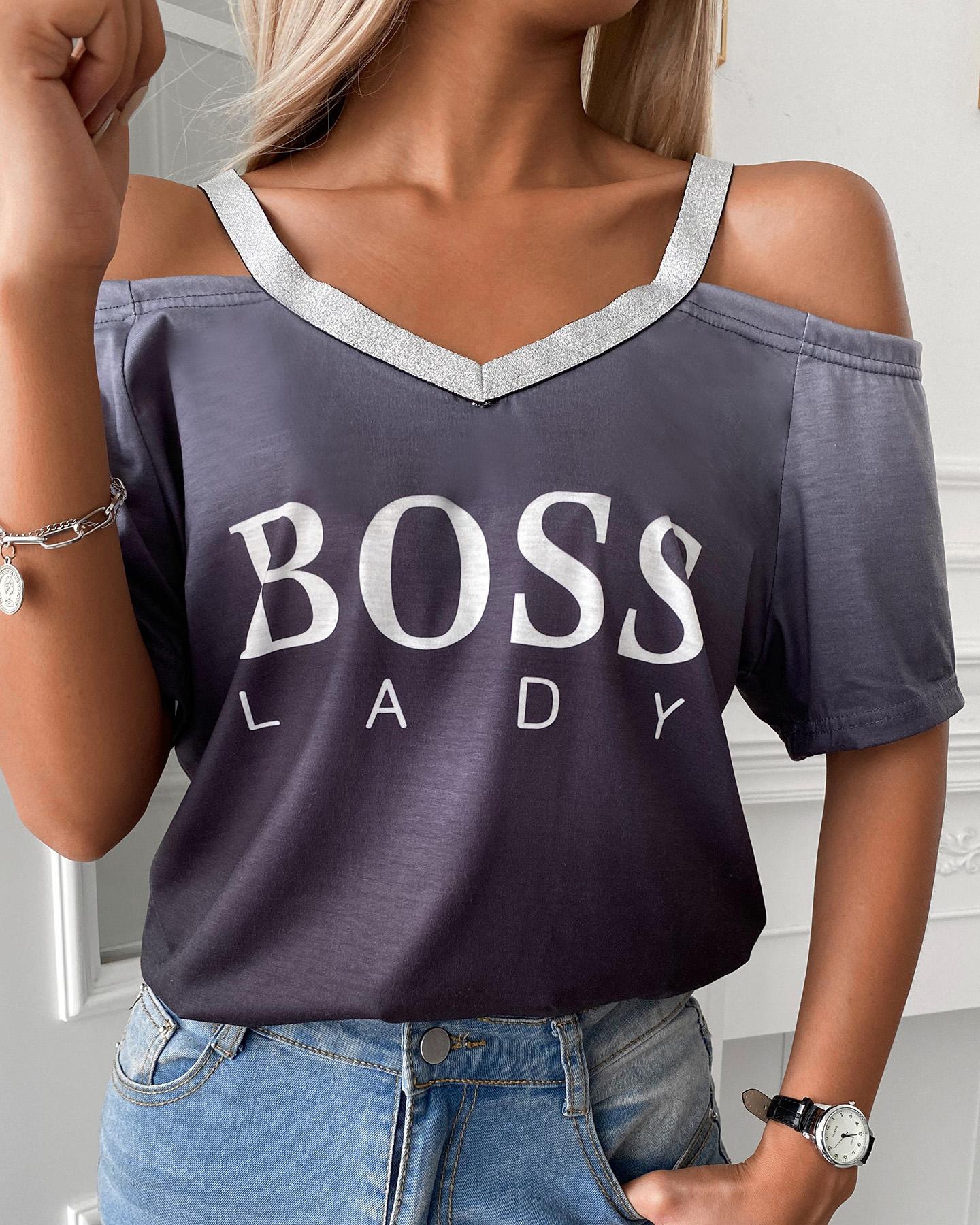 Cold Shoulder Rhinestone Letter Print Short Sleeve Top