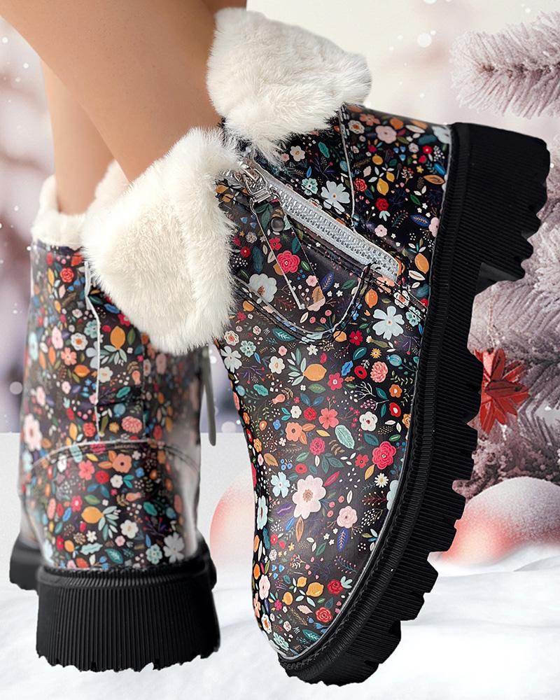 Floral Cow Print Platform Fuzzy Detail Lined Ankle Boots