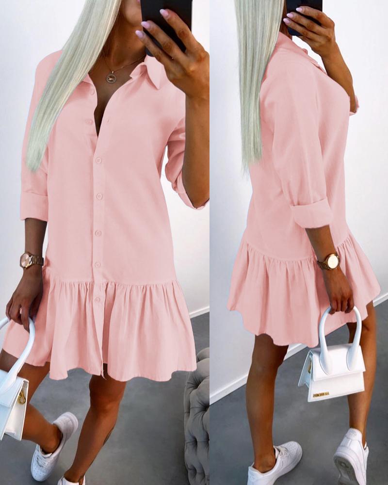 Long Sleeve Buttoned Ruffle Hem Shirt Dress