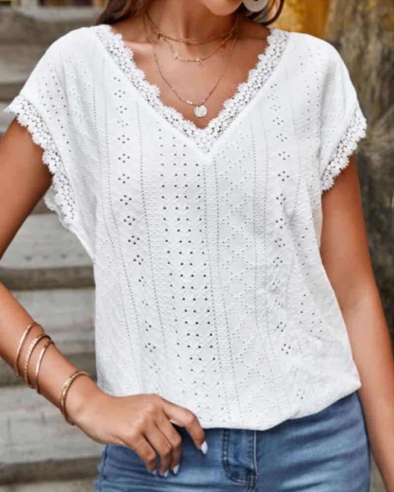 Lace Trim Eyelet Embroidery V-Neck Blouse