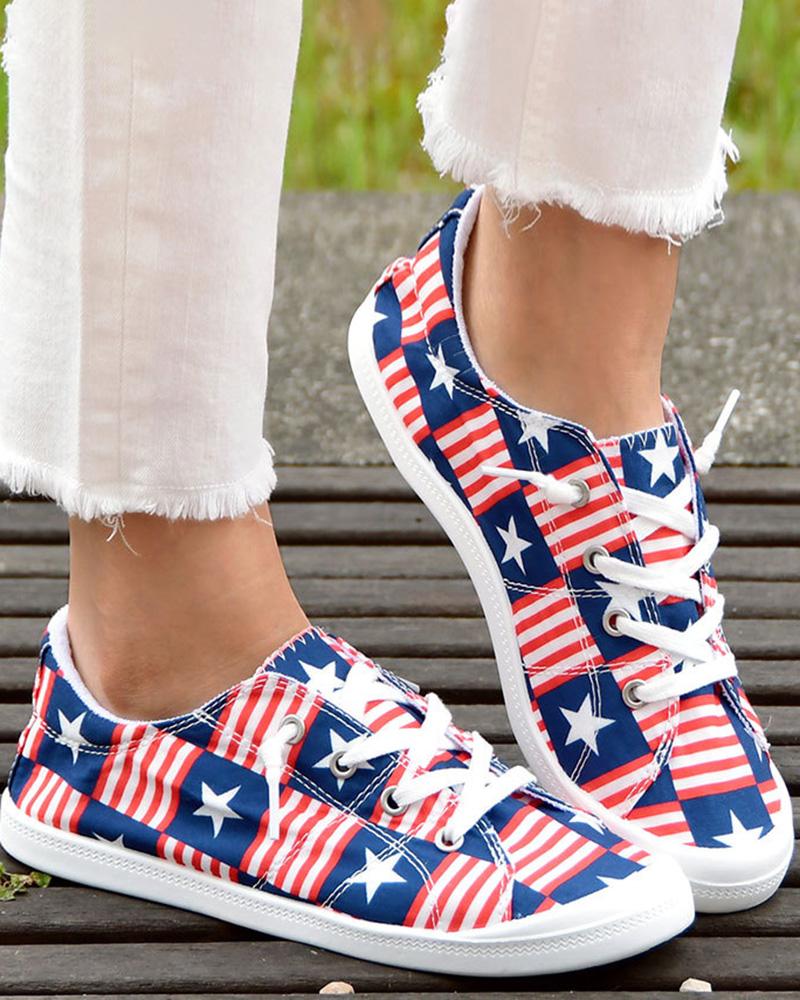 Independence Day Flag Print Lace-Up Canvas Sneakers