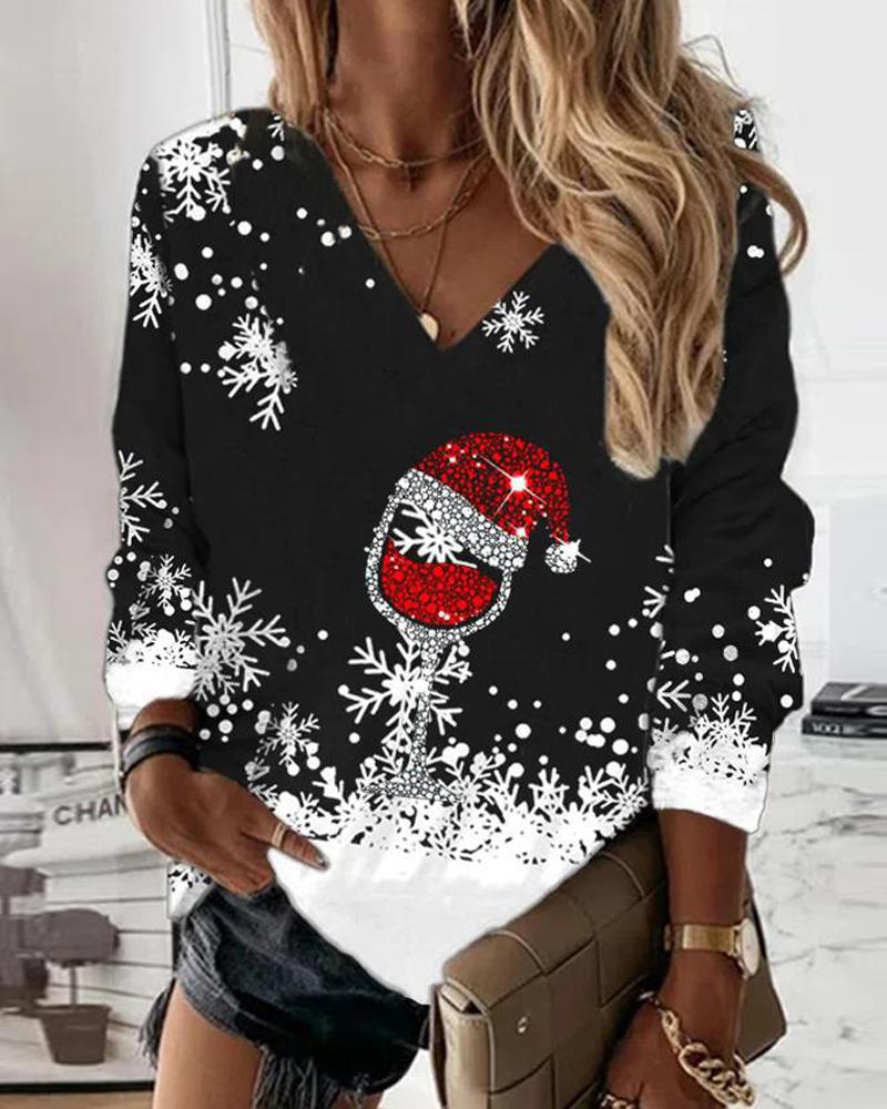 T-shirt & Tees Christmas Snowflake Wine Glass Print Long Sleeve Top