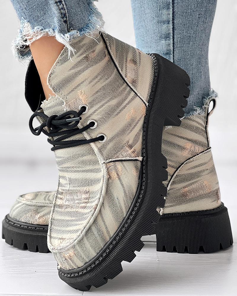 Zebra Stripe Print Lace-up Non-Slip Snow Boots