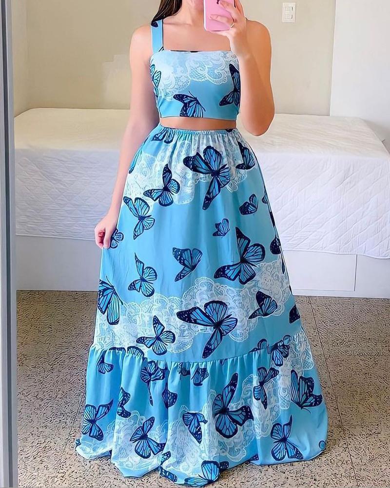 Butterfly Print Cami Crop Top & Skirt Set
