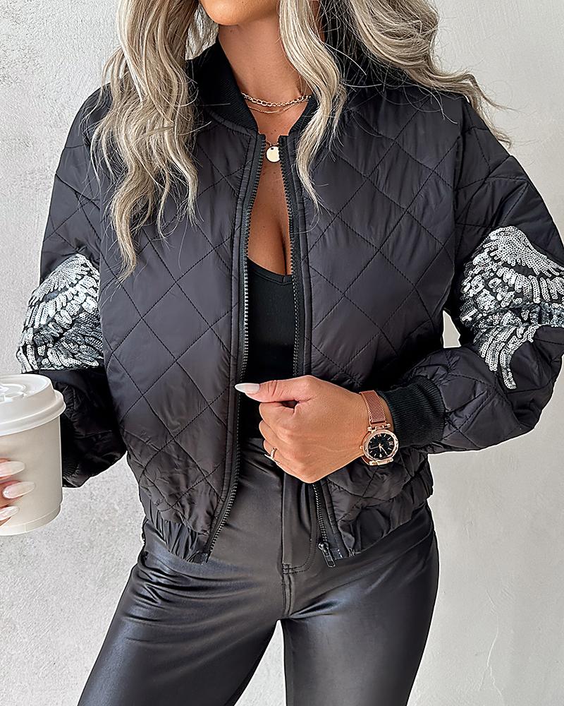 Contrast Sequin Angel Wings Pattern Quilted Puffer Jacket