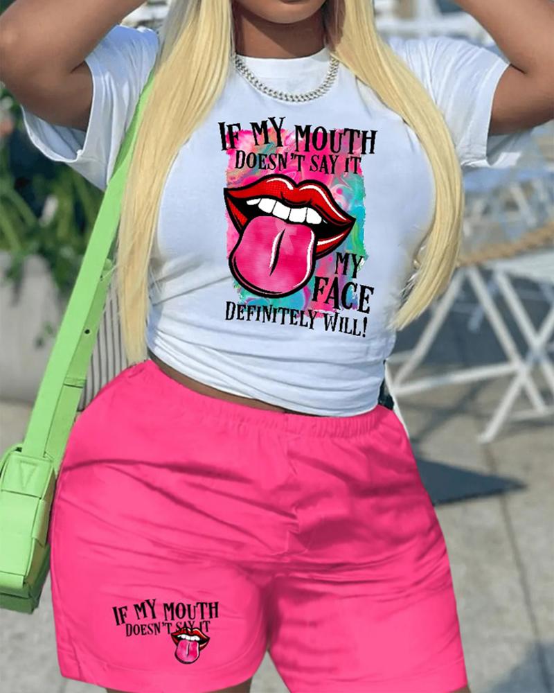 Lip Tongue Letter Print Short Sleeve Top & Shorts Set