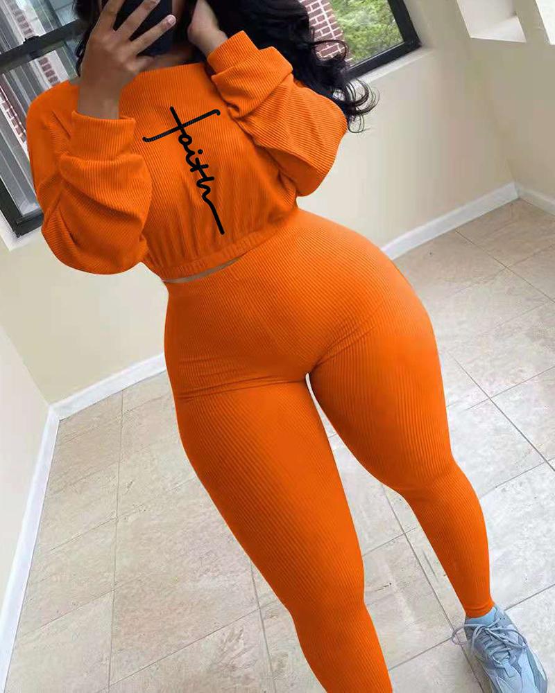 Ribbed Letter Embroidery Long Sleeve Top & Pants Set