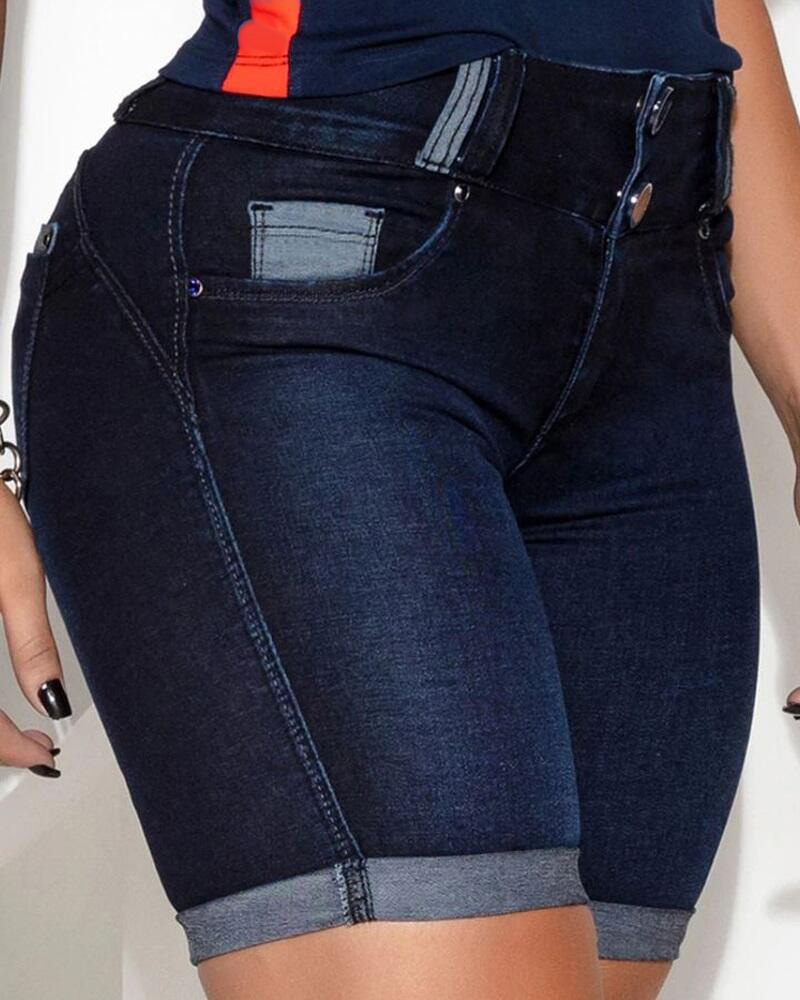 Contrast Paneled Pocket Design Denim Shorts
