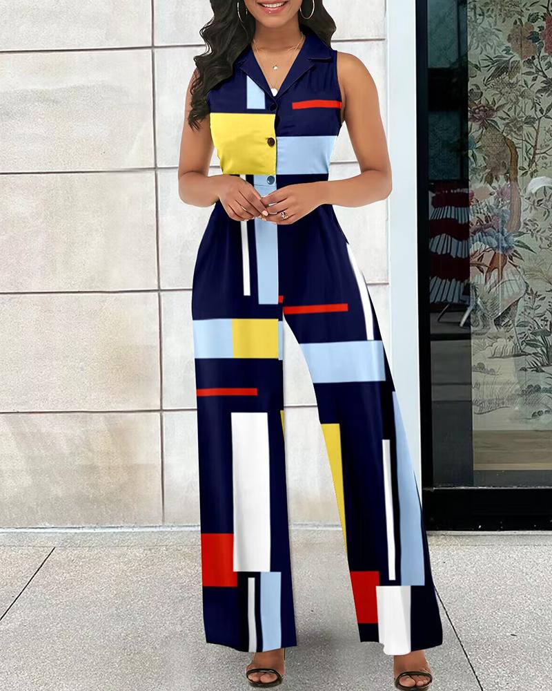 Geometric Print Colorblock Buttoned Sleeveless Jumpsuit