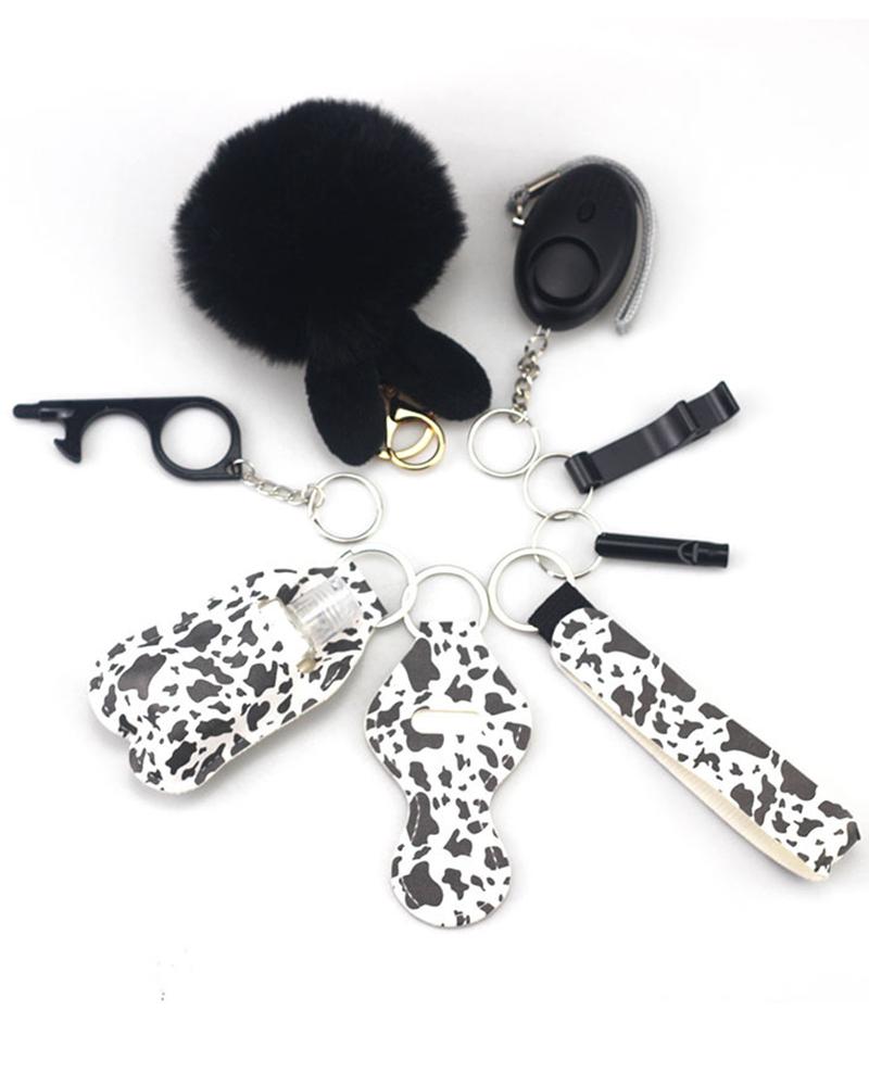 9pcs Graphic Print Whistle Pom Pom Self Defensive Keychain Set