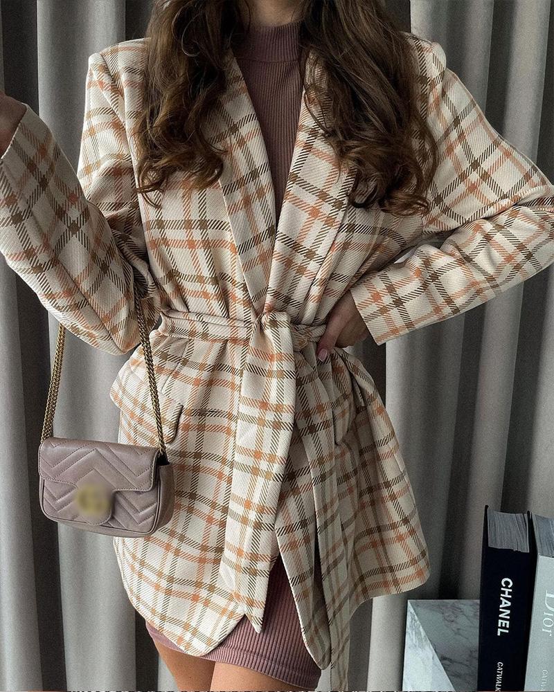 Plaid Print Pocket Design Coat With Belt
