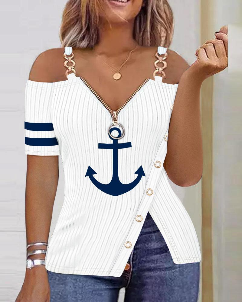 T-shirt & Tees  ChicMe Anchor Print Zip Detail Split Hem Cold Shoulder Top