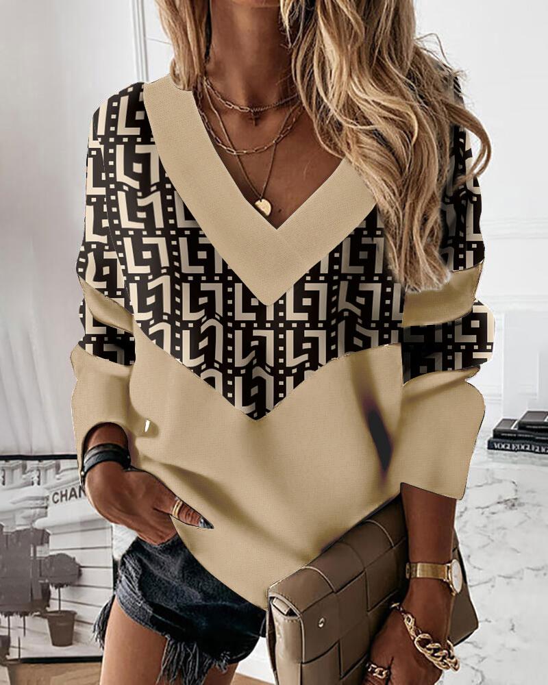 T-shirt & Tees Geometric Print Patchwork Long Sleeve Top