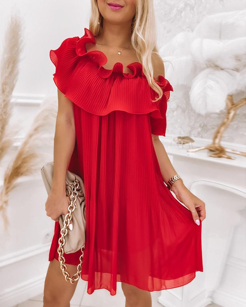 Cold Shoulder Ruched Ruffles Swing Dress