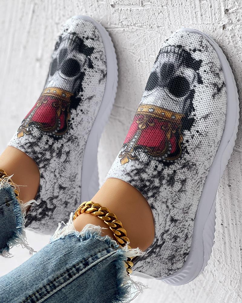 Halloween Skull Crown Print Breathable Slip-On Sneakers