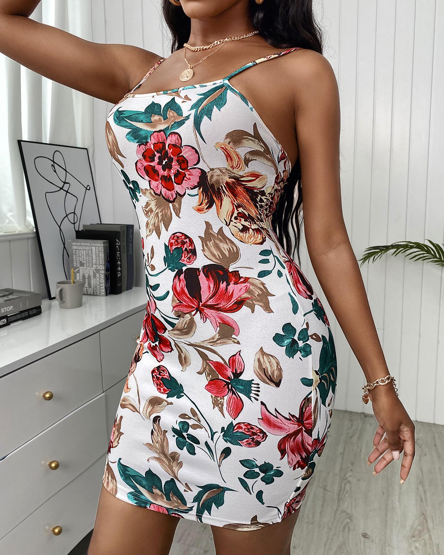 Spaghetti Strap Backless Floral Print Dress