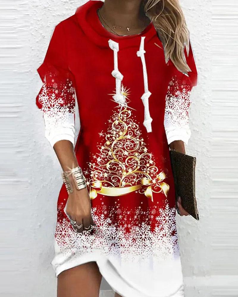 Christmas Tree Snowflake Print Long Sleeve Dress