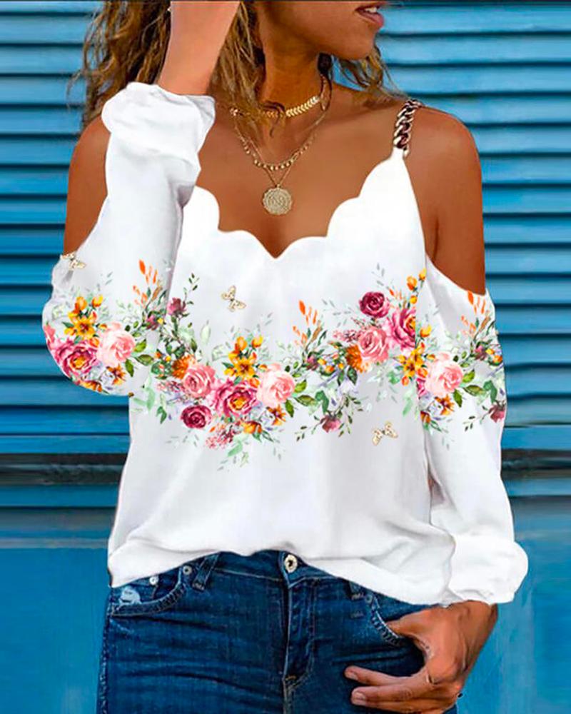 Floral Print Chain Decor Cold Shoulder Top