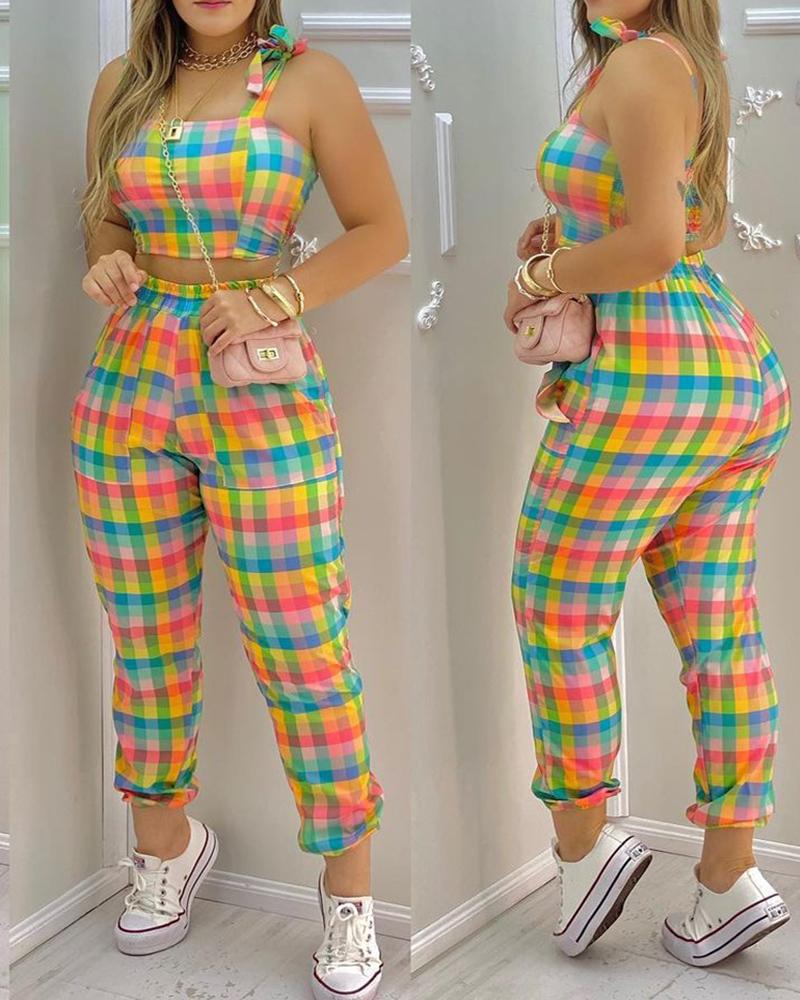 Plaid Colorblock Crop Top & Pocket Design Pants Set