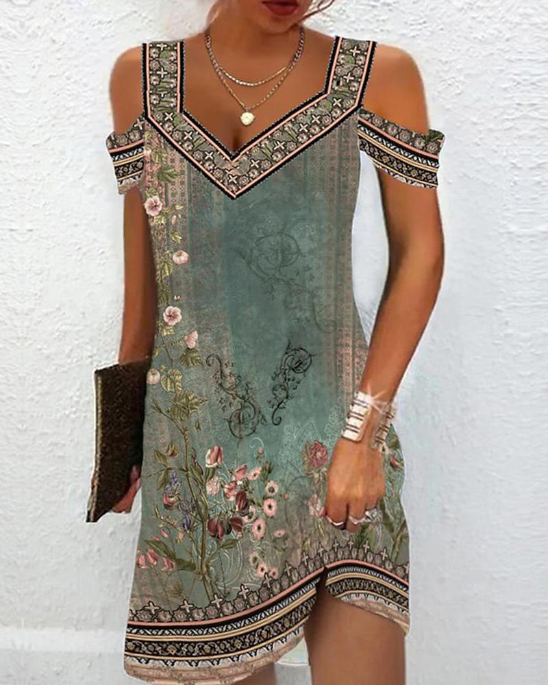 Floral Tribal Print Cold Shoulder Casual Dress