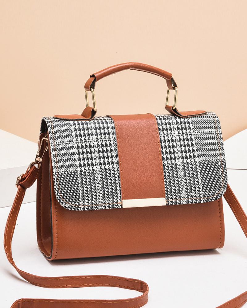 Colorblock Houndstooth Pattern Flap Magnetic Shoulder Bag