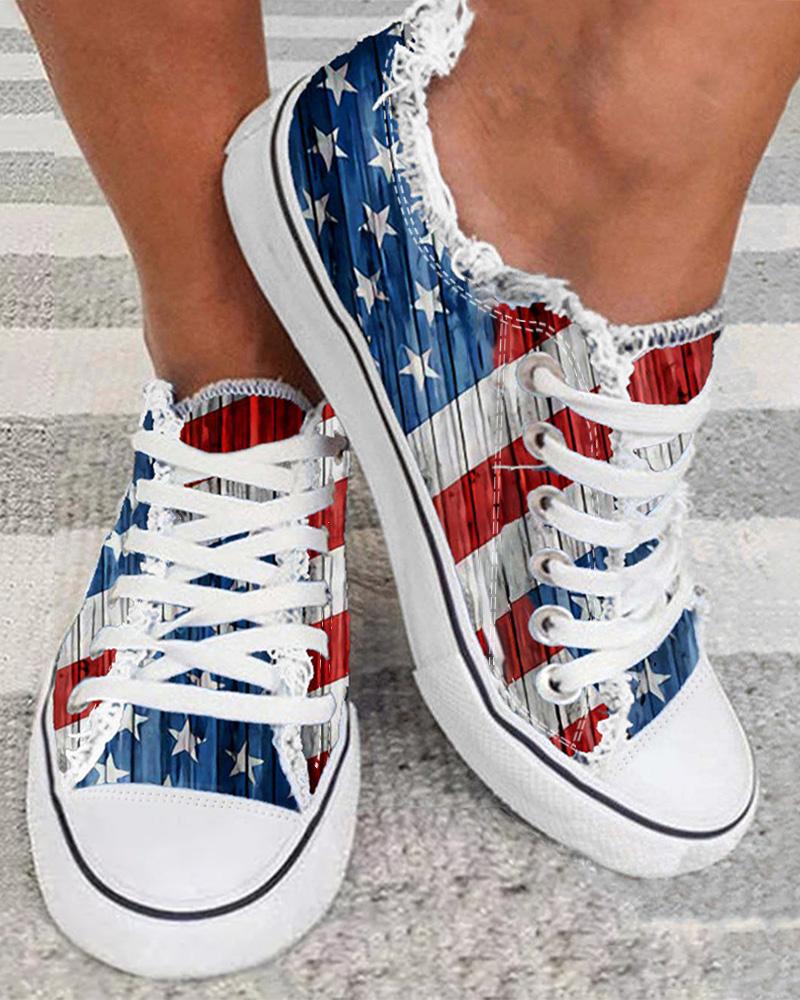 Independence Day Flag Frayed Lace-up Canvas Sneakers