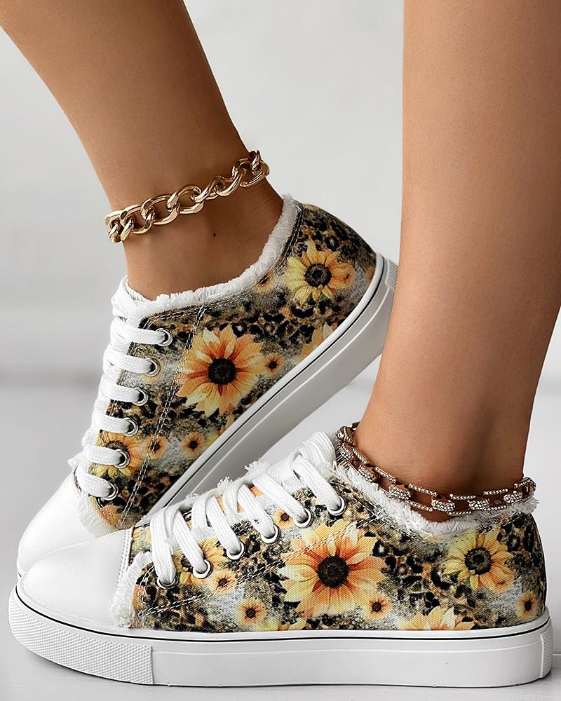 Sunflower Print Raw Hem Canvas Sneakers