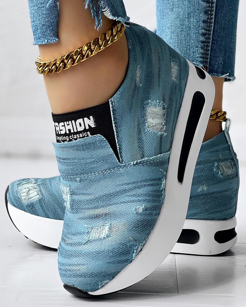 Denim Ripped Platform Slip-On Muffin Sneakers