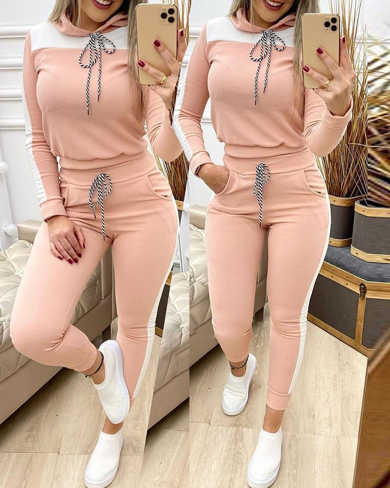 Colorblock Long Sleeve Hooded Top & Drawstring Pants Set