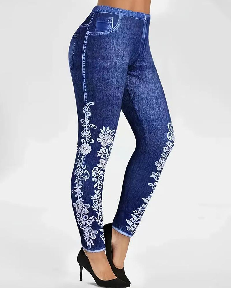  Women's Faux Denim Printed High Waist Leggings