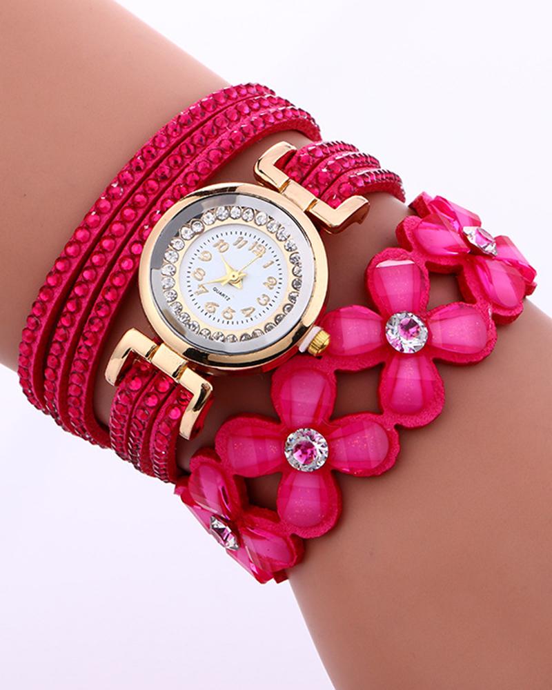 1pc Rhinestone Floral Pattern Stackable Bangle Quartz Watch