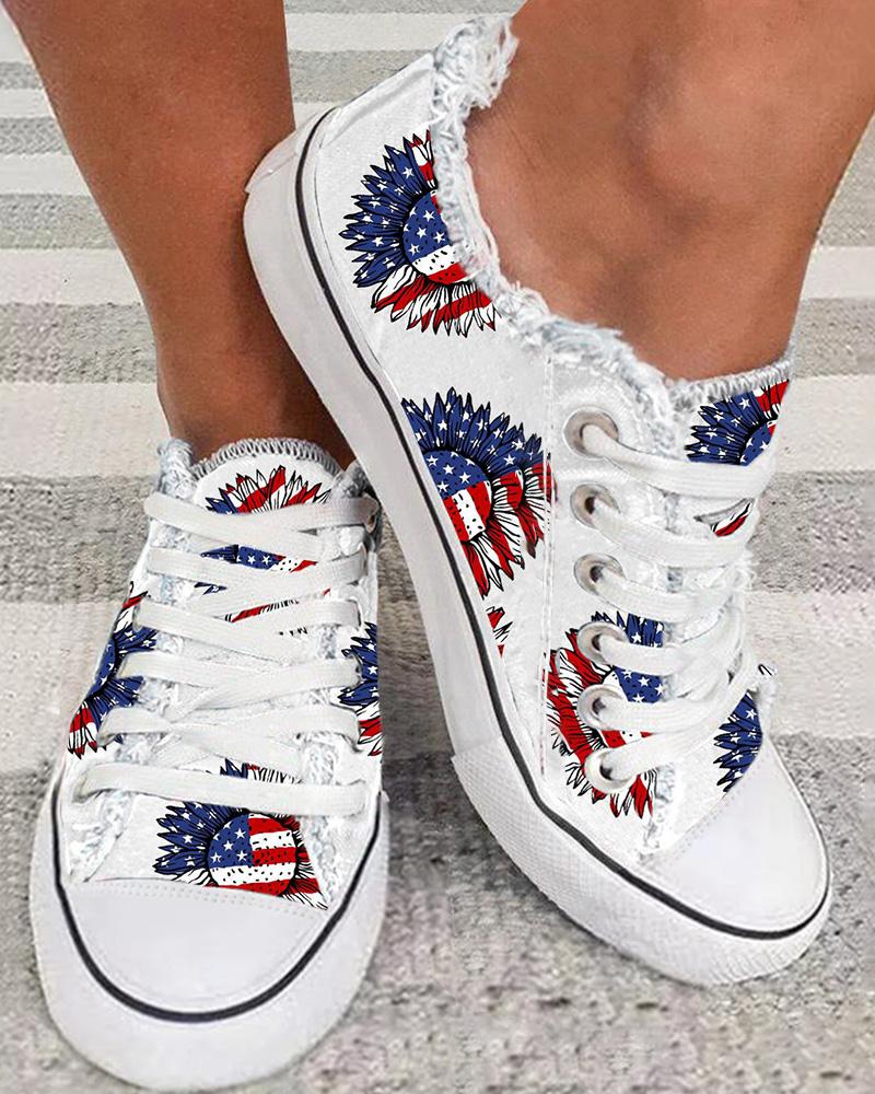 Independence Day Flag Sunflower Print Raw Hem Sneakers