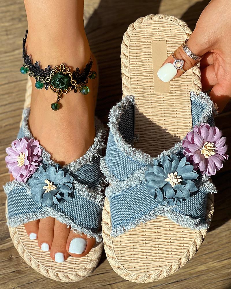 Denim Cross Strap Floral Pattern Raw Hem Beach Slippers