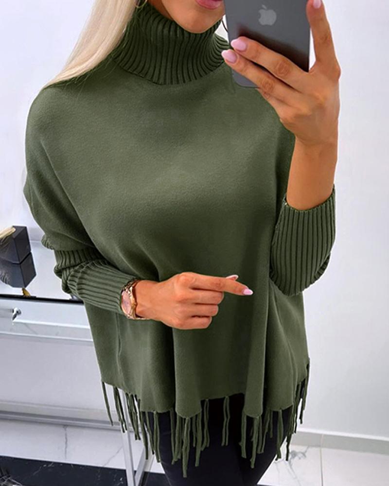 Turtleneck Long Sleeve Tassel Design Knit Sweater