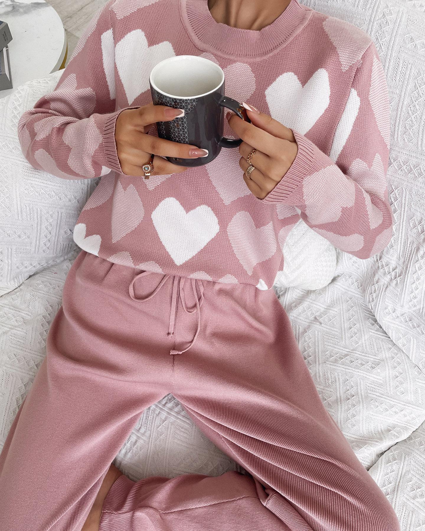 Heart Print Sweater & Drawstring Pants Set