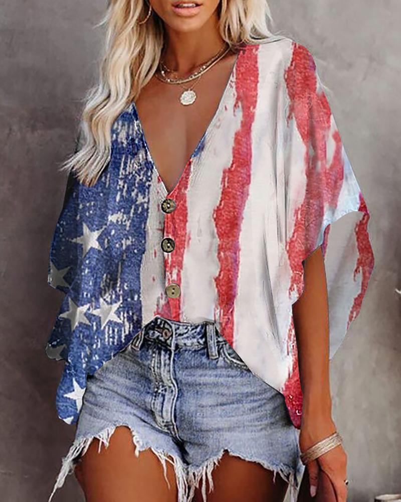 Floral Print Button Front Batwing Sleeve Top